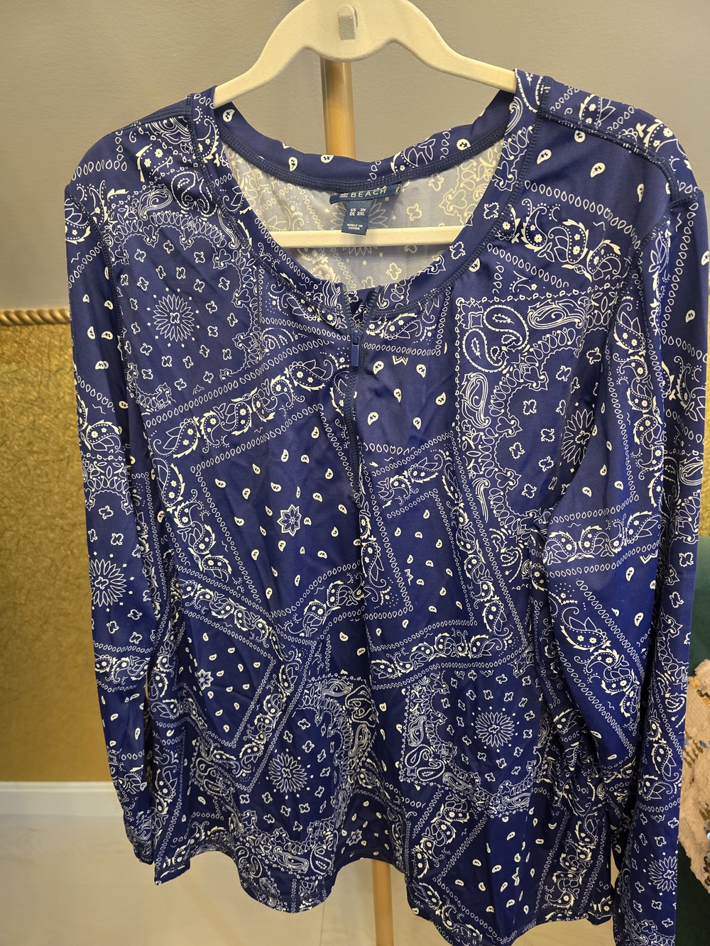 Denim&Co Navy Bandana-Print Long Sleeve Top